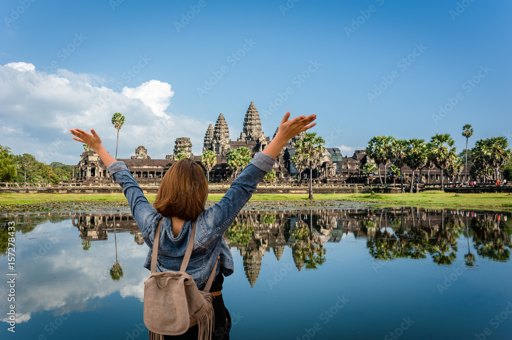 Fototapeta premium Angkor Wat with reflection blue sky. Siem Reap, Cambodia. World Heritage landmark