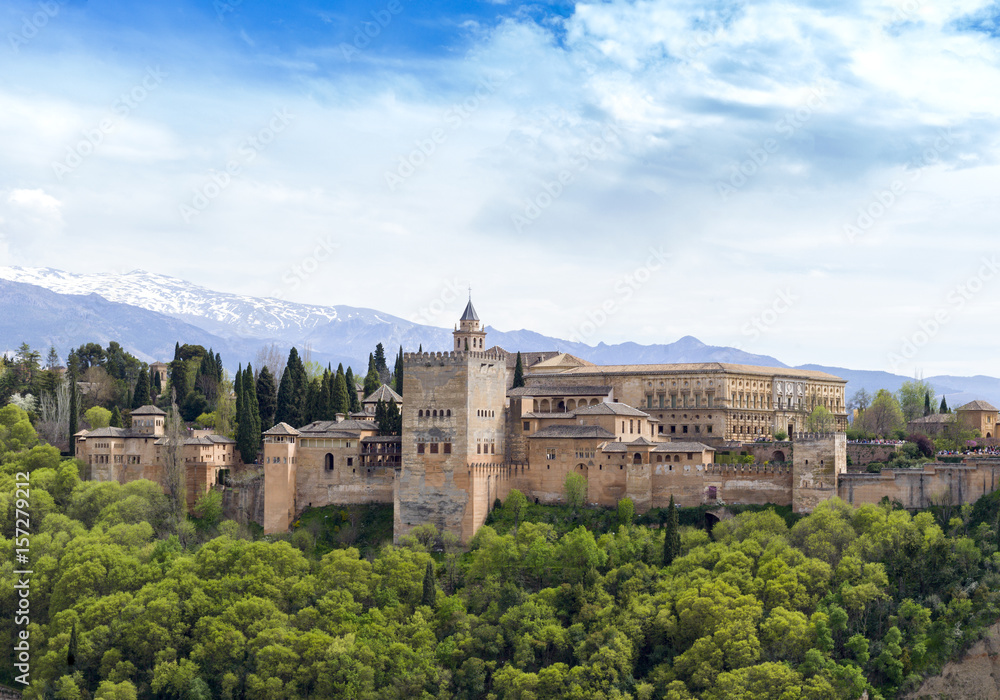 Alhambra Palace of Granada, Alhambra the complete Arabic form of which was Qalat Al-Hamra. Complex located in Granada, Andalusia, Spain. 