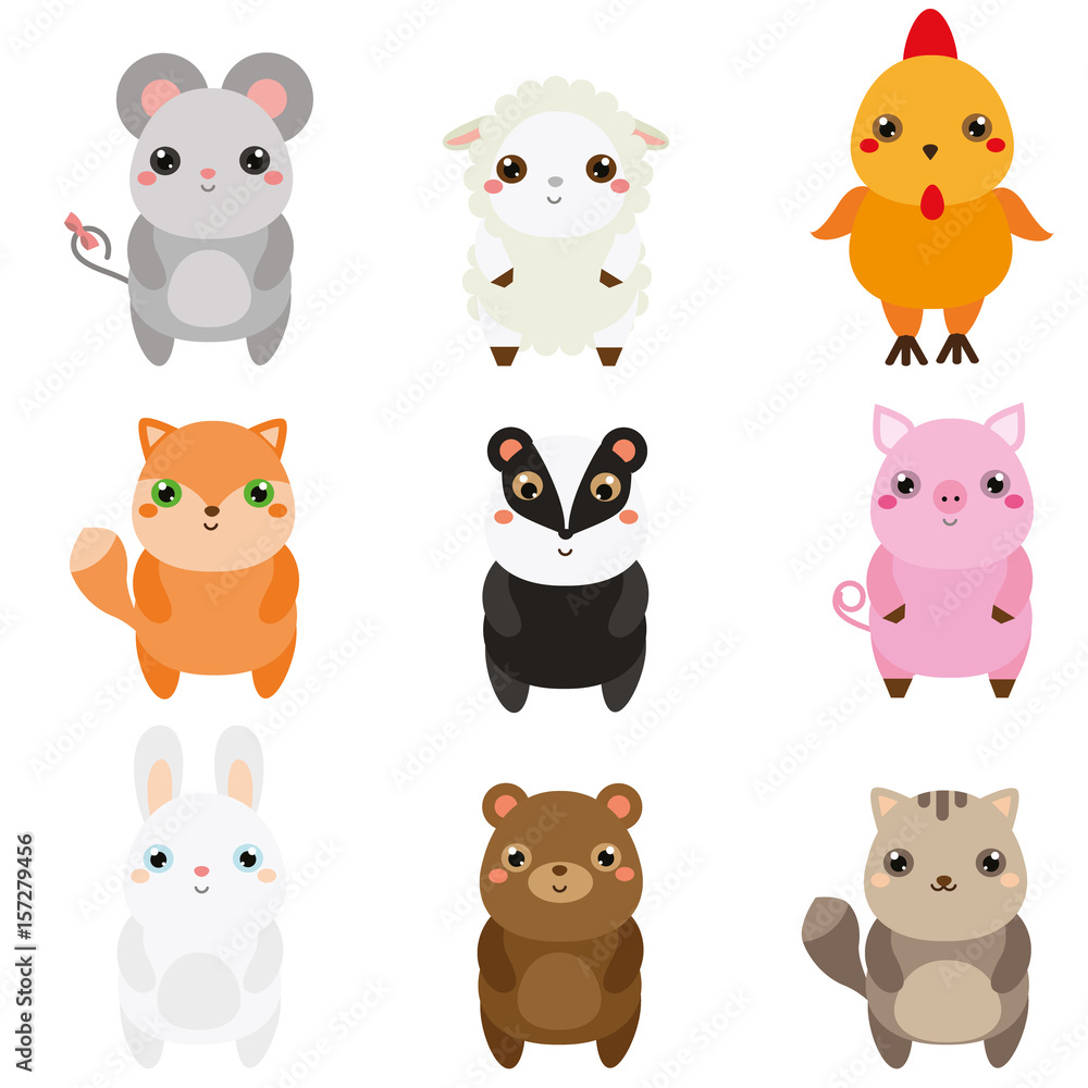 Fototapeta premium Cute animals. Children style, isolated design elements, vector. Cartoon kawaii wildlife and farm animals