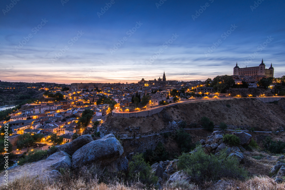 Illuminated townscape of Toledo at twilight