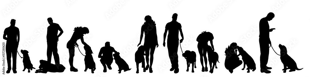 Vector silhouette of people with dog on white background.