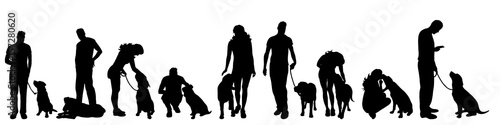 Vector silhouette of people with dog on white background.