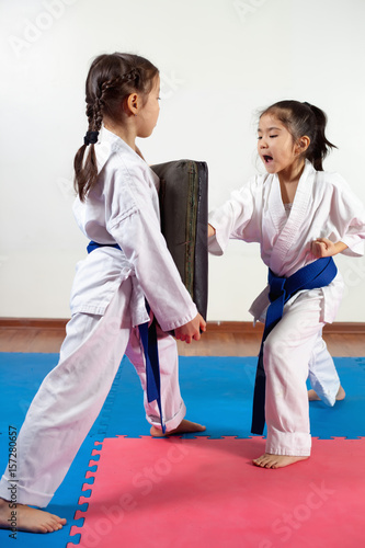 Two little girls demonstrate martial arts working together