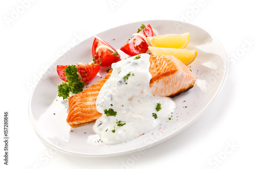 Grilled salmon on white background