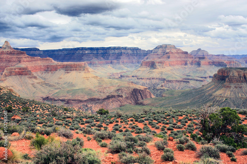 Grand Canyon aerial view landscape.Amazing relief background in the Grand Canyon National Park, Arizona, USA. View from Kaibab trail, South Rim. Nature background.Hiking in the Grand Canyon.