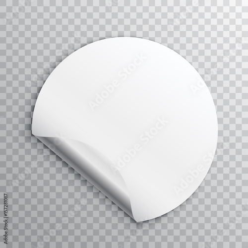 White round paper sticker with edge curl isolated on a transparent background