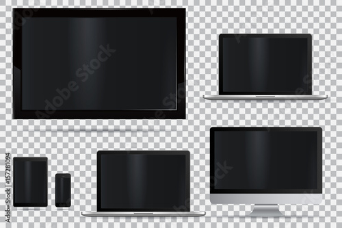 Set of realistic TV, lcd, led, computer monitor, laptop, tablet and mobile phone