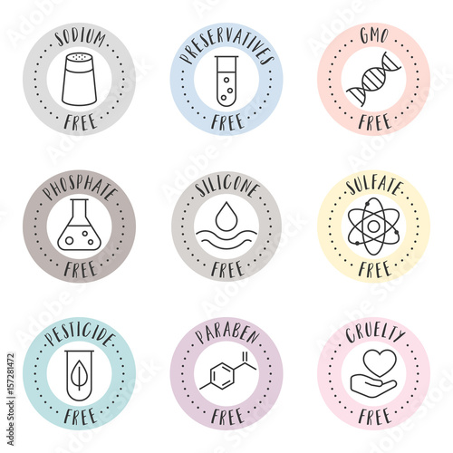 cosmetic and pharmaceutical badges in outline style for organic and natural products