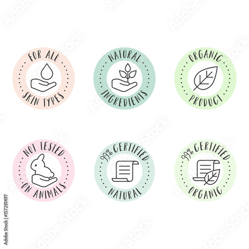 cosmetic and pharmaceutical badges in outline style for organic and natural products