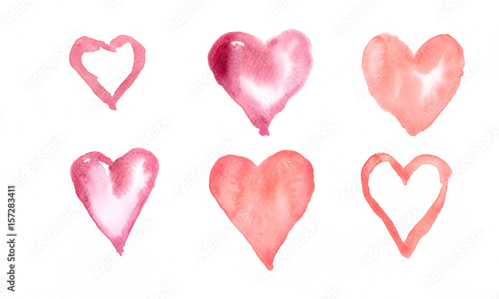 Six hearts on white , watercolor illustrator