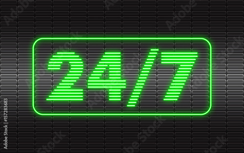 24/7 neon line striped sign, 24 hours a day bright signboard, day and night, around the clock light banner on stylish brick wall.