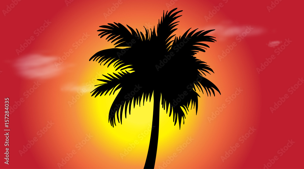 Vector silhouette of palm tree at sunset.
