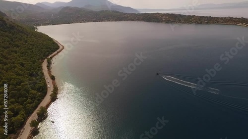 Aerial drone video of Lake Vouliagmeni, Heraion, Loutraki, Greece photo