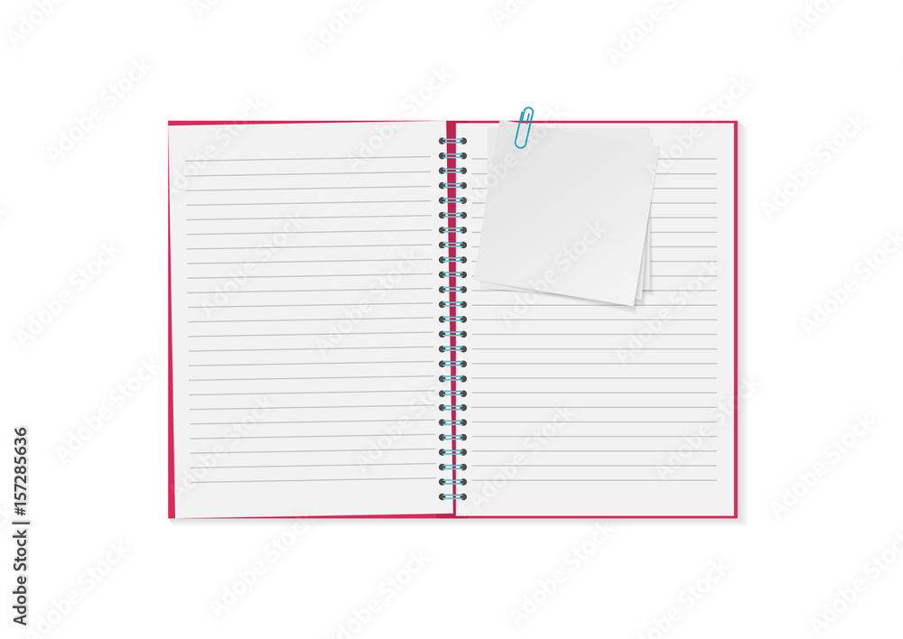 Vector empty mock up isolated on white background. Vertical booklet with metal spiral template isolated. Realistic illustration for your design. Open blank magazine or copybook Vector empty mock up isolated on white background. Vertical booklet with metal spiral template isolated. Realistic illustration for your design. Open blank magazine or copybook