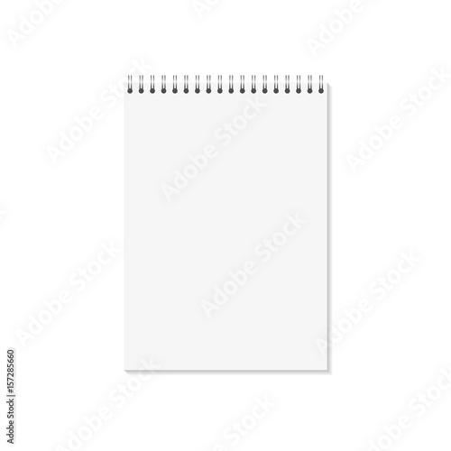 Vector empty mock up isolated on white background.  Vertical closed booklet with metal spiral template isolated. Realistic illustration for your design. Blank copybook