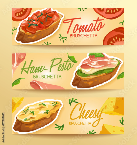 Set of Bruschetta : Delicious Italian appetizer : Vector Illustration