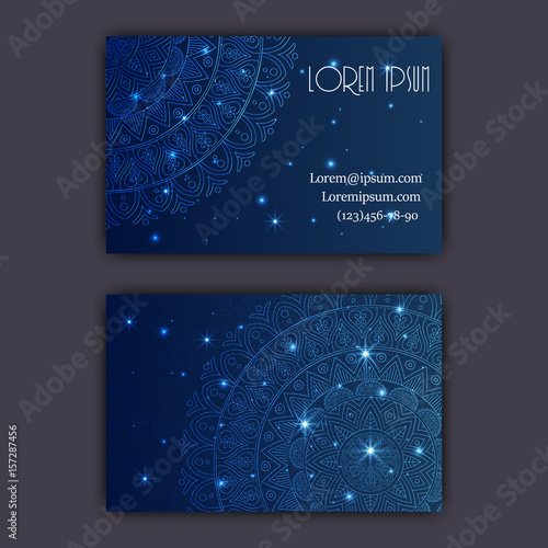 Vector vintage visiting card set. Glowing shiny floral mandala pattern and ornaments. Luxury design.