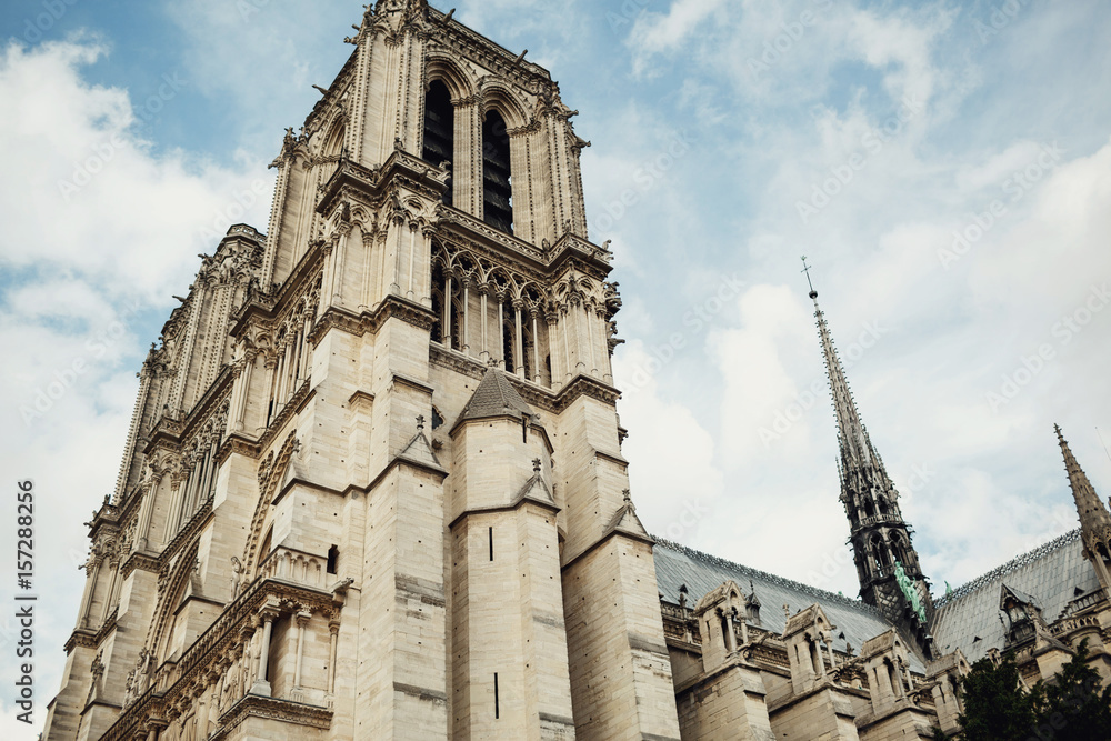 Look from below at beautiful Notre Dame Cathedral Look from below at beautiful Notre Dame Cathedral