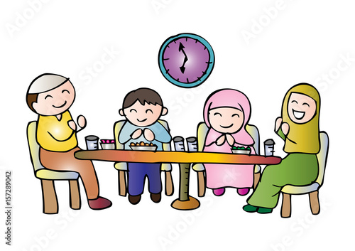 Photography Illustration of muslim family praying after eating.
