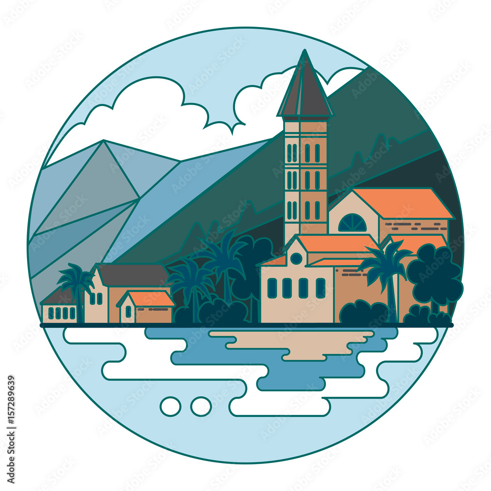 Fototapeta premium Montenegro. Beautiful flat colored vector with city on a beach in round. for infographics and web. Modern flat design. Summer landscapes in mountains background, Vector flat illustration