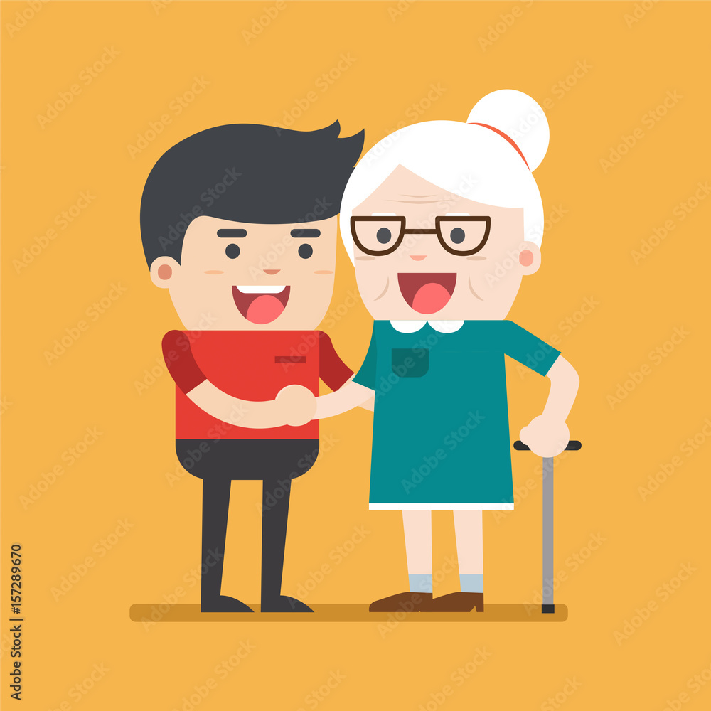 Illustration of young volunteer man caring for elderly woman. Man helping and supporting old aged female. Vector flat design. Social concept caring for seniors Illustration of young volunteer man caring for elderly woman. Man helping and supporting old aged female. Vector flat design. Social concept caring for seniors