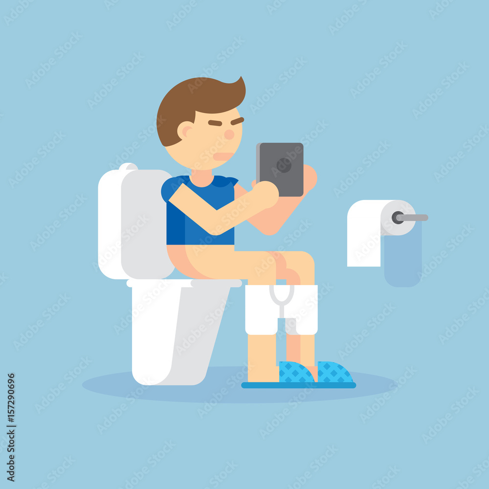 Man sitting on toilet with an electronic tablet vector illustration