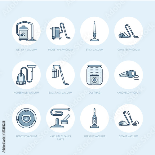 Vacuum cleaners flat line icons. Different vacuums types - industrial, household, handheld, robotic, canister, wet dry. Thin linear colored blue signs for housework equipment shop.