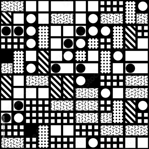 Decorative geometric shapes tiling. Monochrome irregular pattern. Abstract black and white background. Artistic ornamental lattice