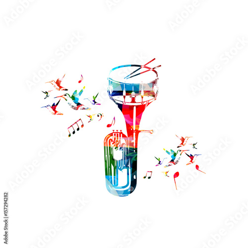 Music instruments background. Colorful euphonium with snare drum isolated vector illustration