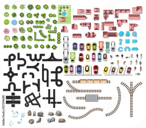 Collection for landscape,tree top view, stone floor texture, road plan, city Map, house, train, car, people, cloud, for interior design, vector illustration