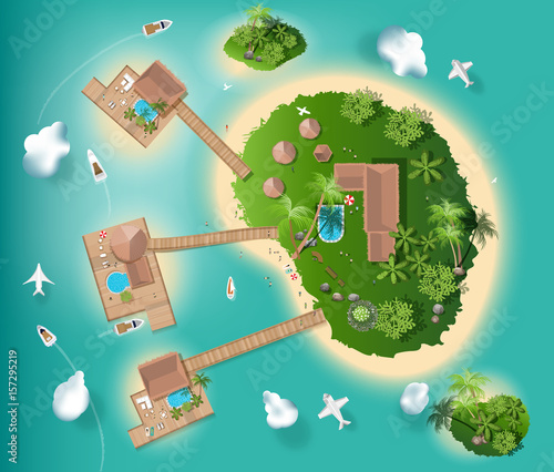 islands top view for interior design, travel, with tree top , resort, vector illustration