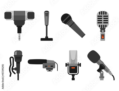 Different microphones types icons journalist vector interview music broadcasting vocal tool tv tool.