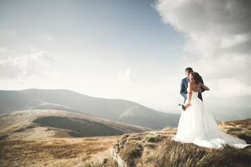 Wedding couple posing on sunset at wedding day. Bride and groom in love