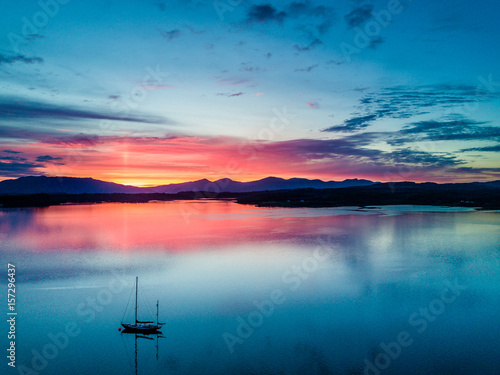 Canvas Print Aerial of an amazing sunset with sailing vessel Loch Creran, Barcaldine, Argyll