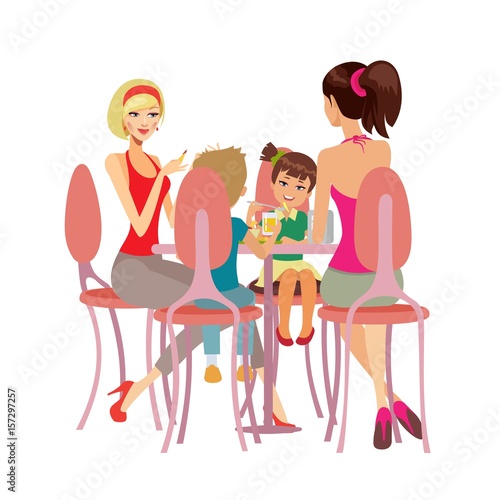 Women sitting in the cafeteria with their children