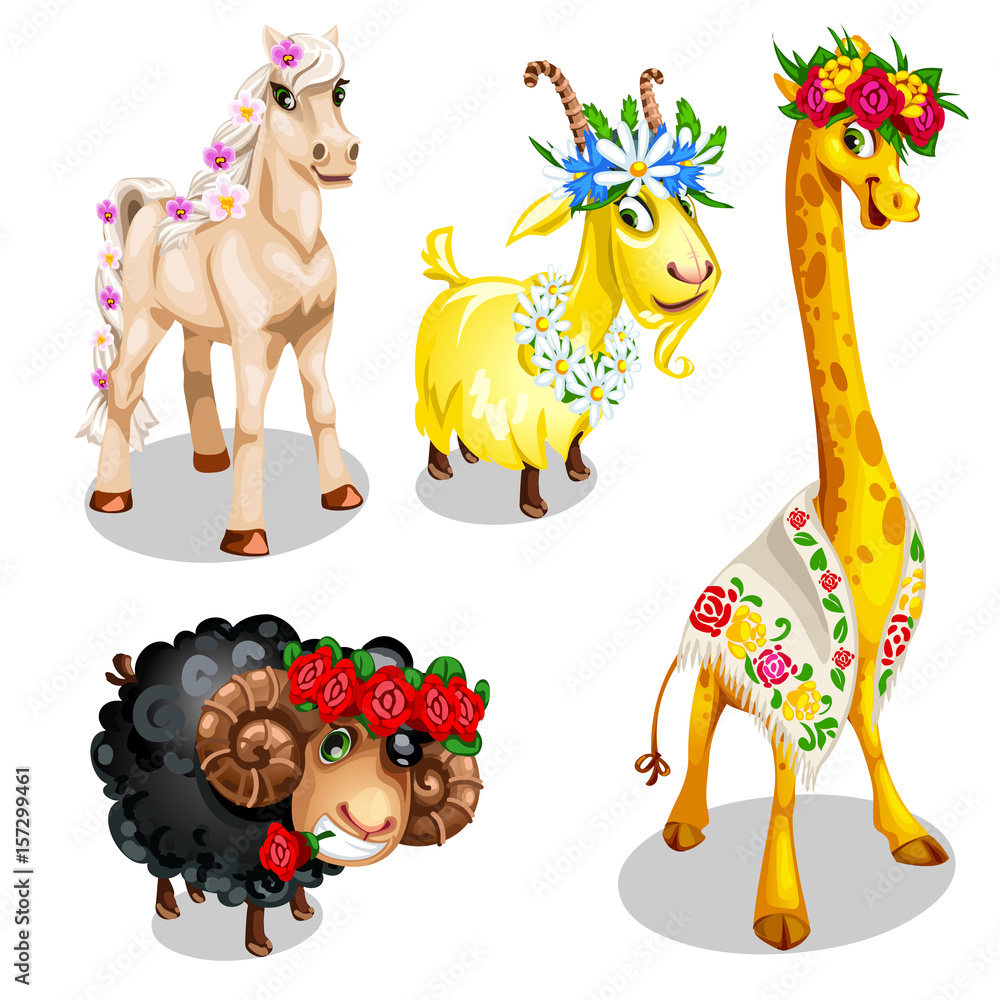 Fototapeta premium Romantic cartoon animals with floral decoration