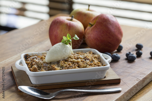 Blueberry apple crisp with vanilla ice cream