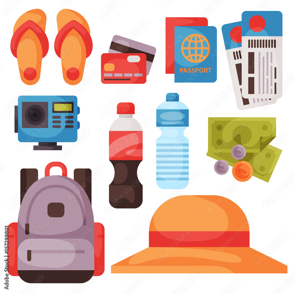 Travel time summer vacation vector accessory in flat style with traveling and tourism icons. Travel time summer vacation vector accessory in flat style with traveling and tourism icons.