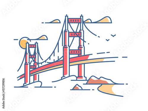Golden Gate Bridge to San Francisco for crossing bay. Vector illustration