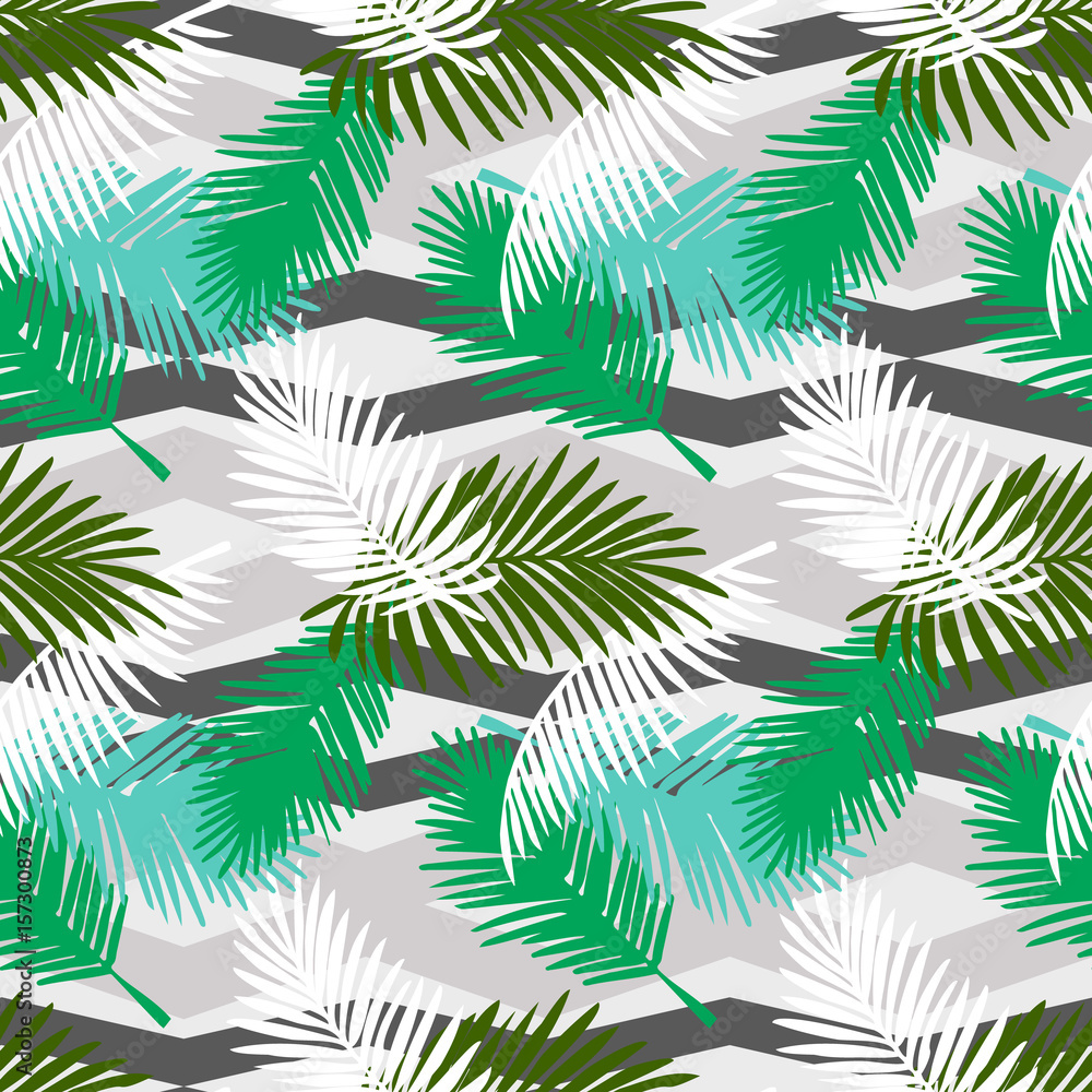 Seamless pattern tropical palm leaves on a geometric background. Vector tropic wallpaper design.