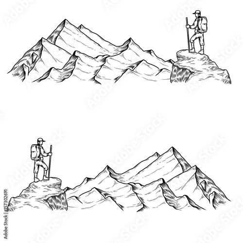 Set of hand drawn vector illustrations the mountains with a tourist in engraving style