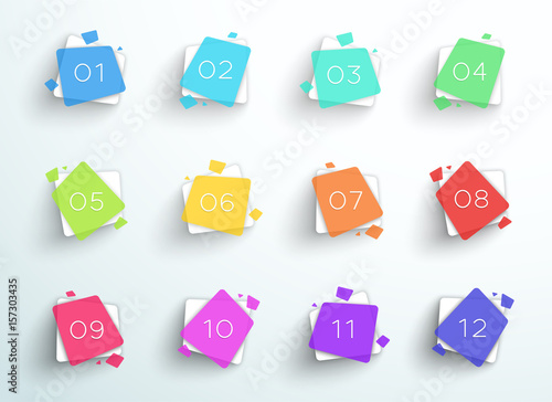 Number Bullet Point Abstract Colorful Squares 1 to 12 Vector