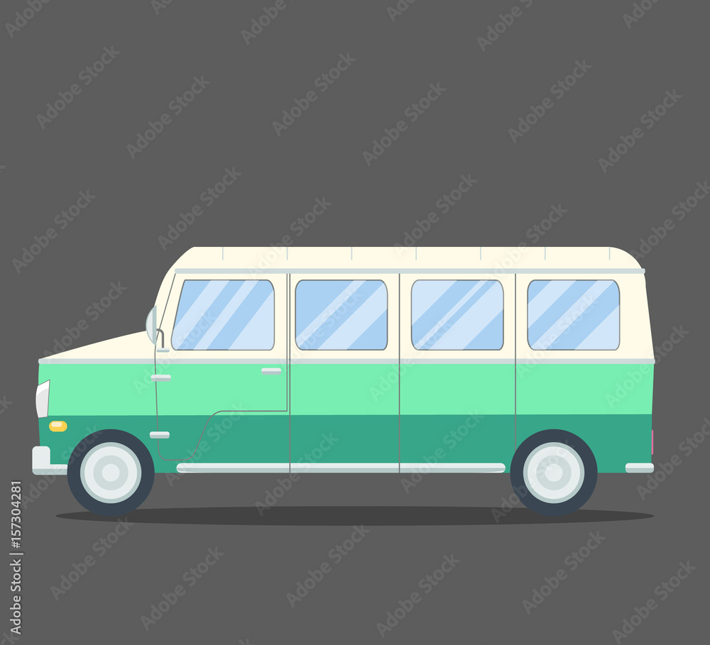 Travel van flat square icon with long shadows.