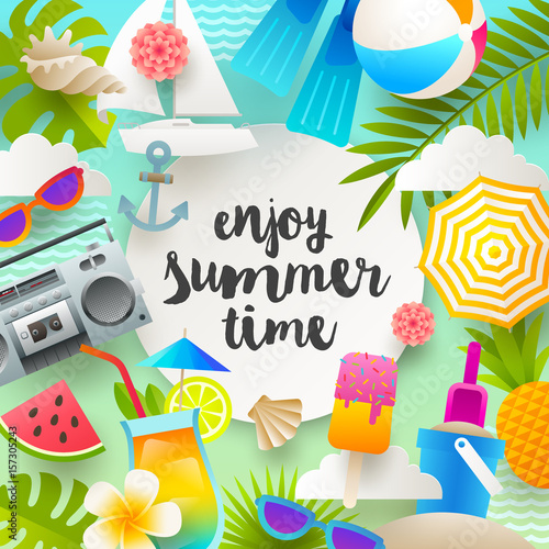 Flat design vector illustration. Summer holidays and beach vacation things and items.