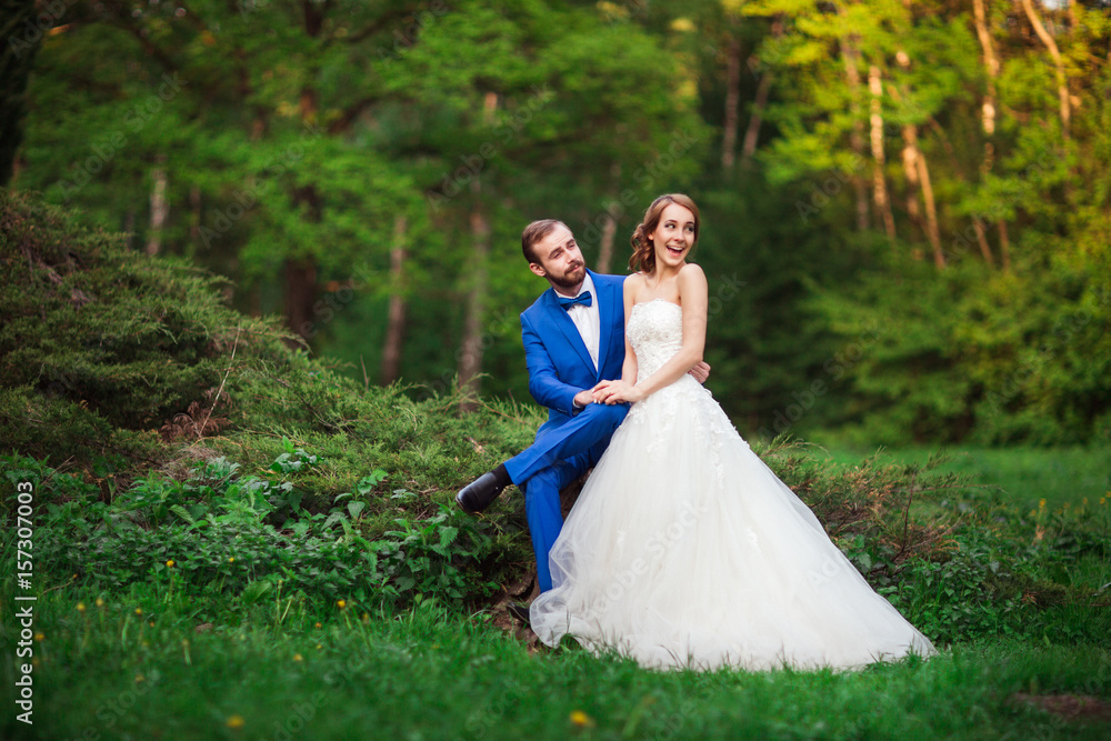 Young couple groom and bride walk in the Park. The bride and groom laugh. Young couple groom and bride walk in the Park. The bride and groom laugh.