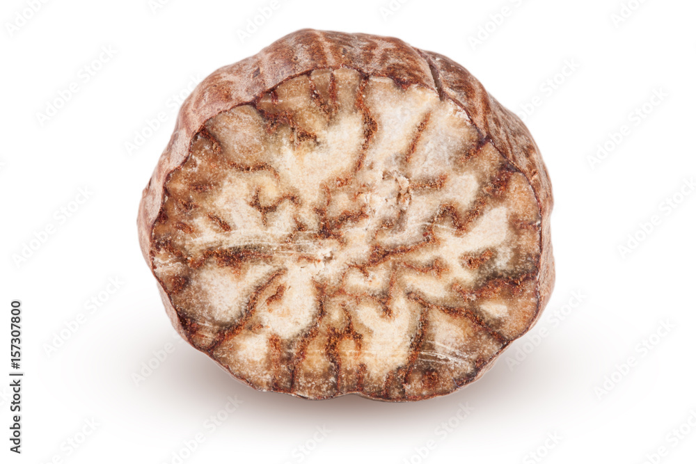 one grated nutmeg isolated on white background macro one grated nutmeg isolated on white background macro