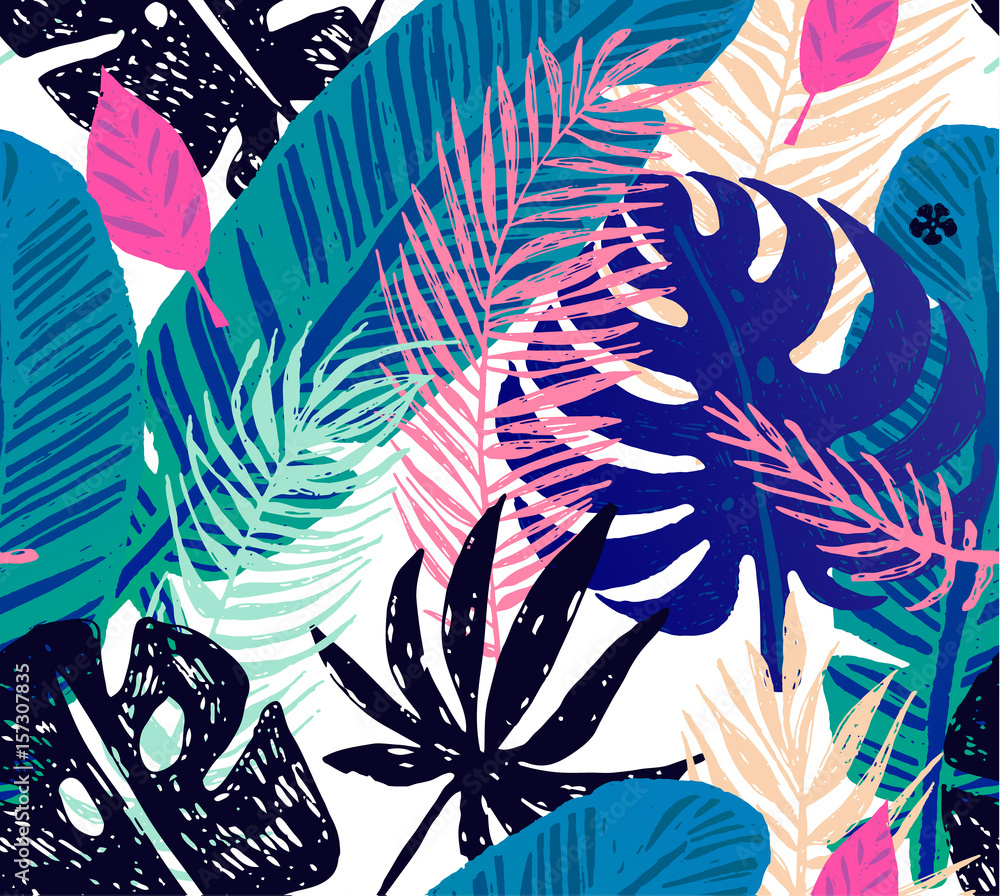 Fototapeta Bezszwowy modny wzór z błękitnymi egzotycznymi palmowymi liśćmi na białym tle. Wektorowa botaniczna ilustracja