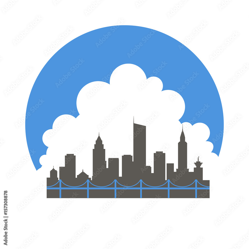 Circular badge with a bridge in front of a city in front of a large cloud using positive & negative space.