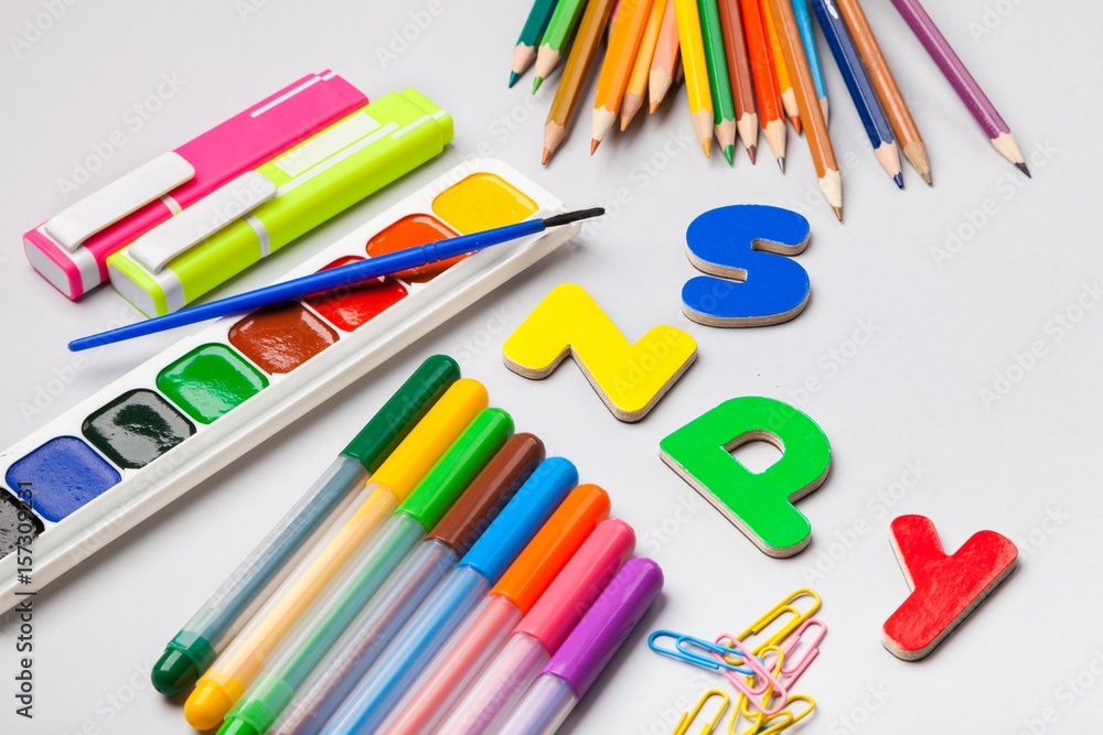 School and office supplies on tablet. School and office supplies on tablet.