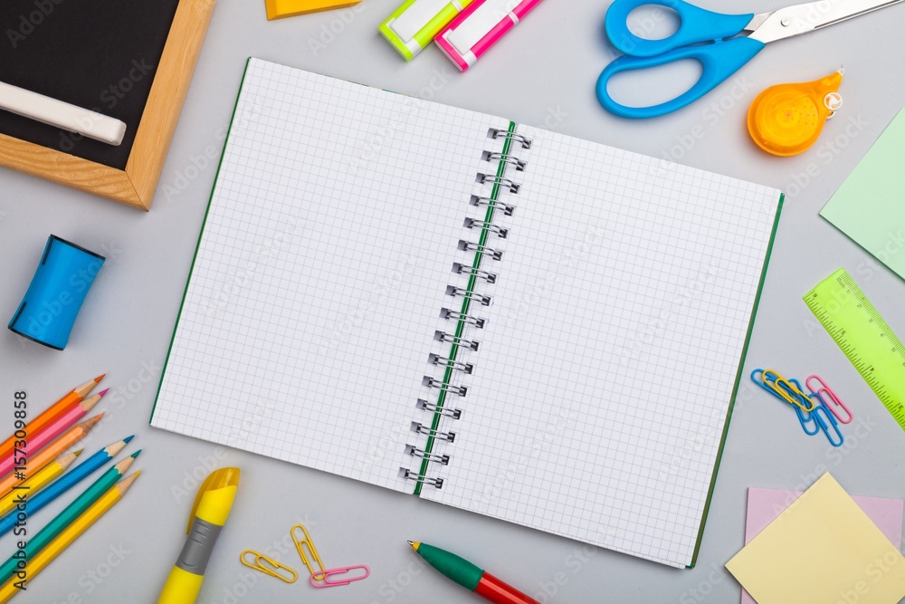 School and office supplies on tablet. School and office supplies on tablet.